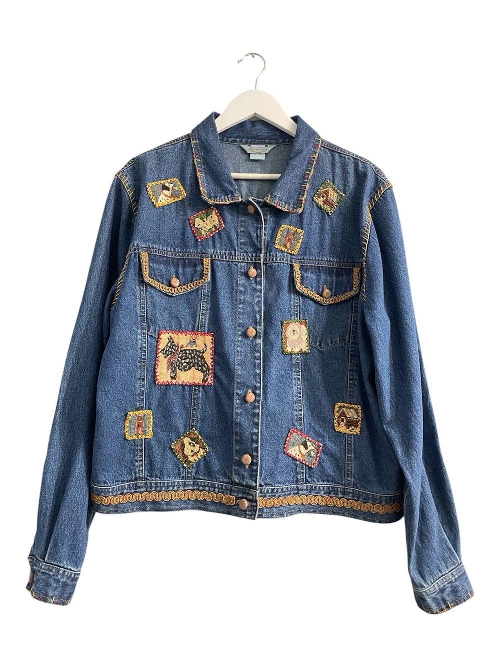 Vintage 90s Dog Tapestry Denim Jacket - Cottagecore Grandmacore patchwork Y2K